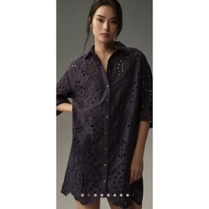 Anthropologie Eyelet Button Up Shirt Dress Size XL Purple Preppy Resort Wear